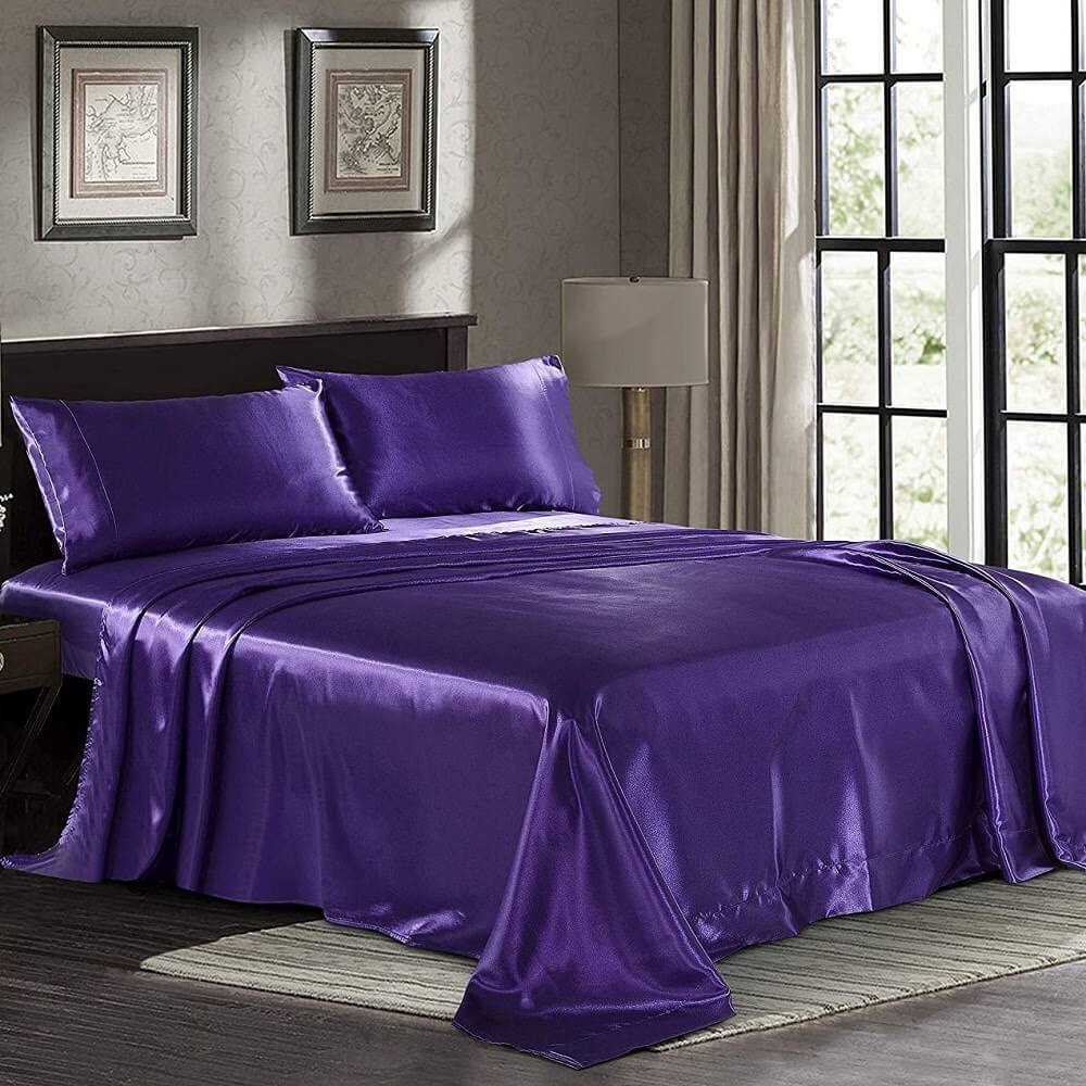 Bộ drap giường lụa satin màu tím đậm tạo ra cho phòng ngủ của bạn một sự thịnh vượng 