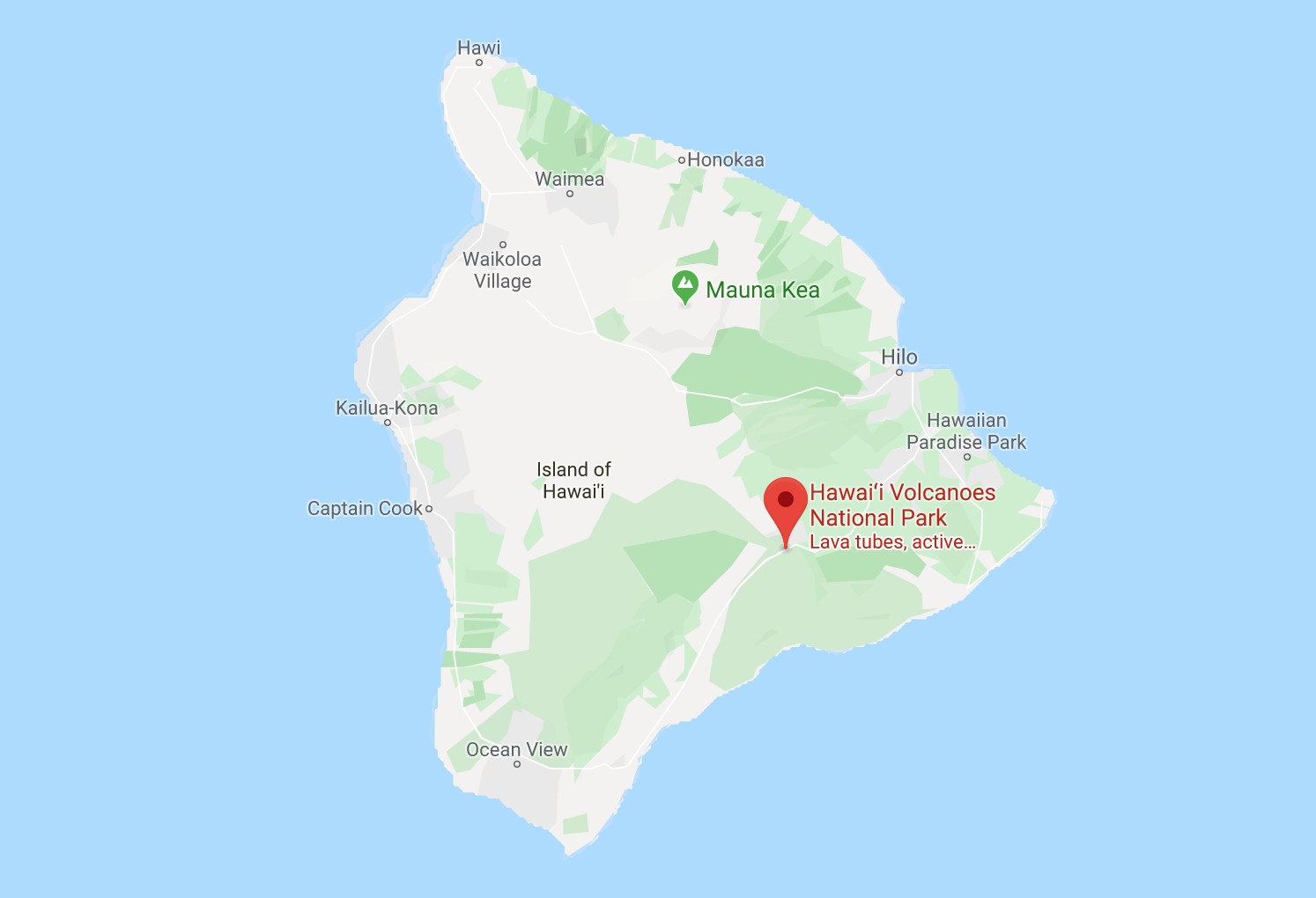 Map of where Hawaii Volcanoes National Park is on the big island