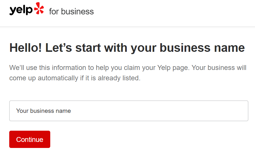 A screenshot of the beginning of the sign-up process for a Yelp Business Profile.
