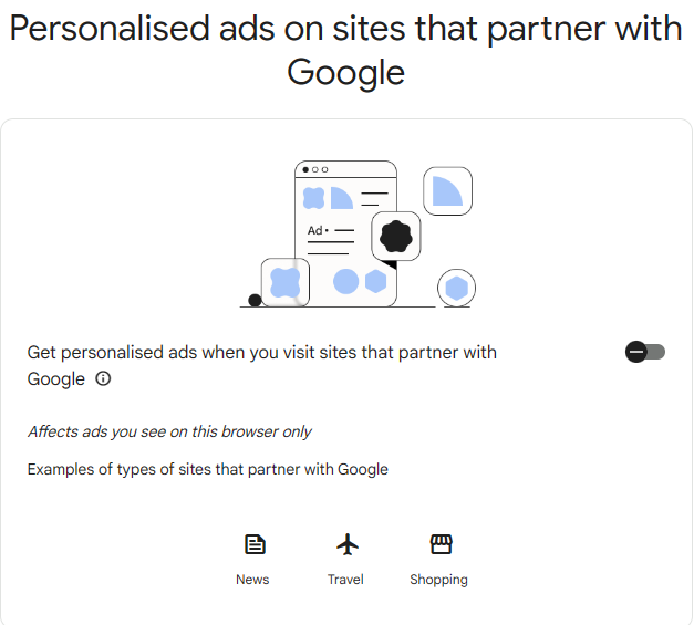 "Personalized ads on sites that partner with Google" section on Google