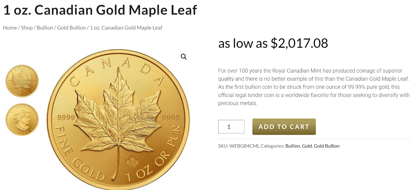 USMR Canadian Gold Maple Leaf prices on their website