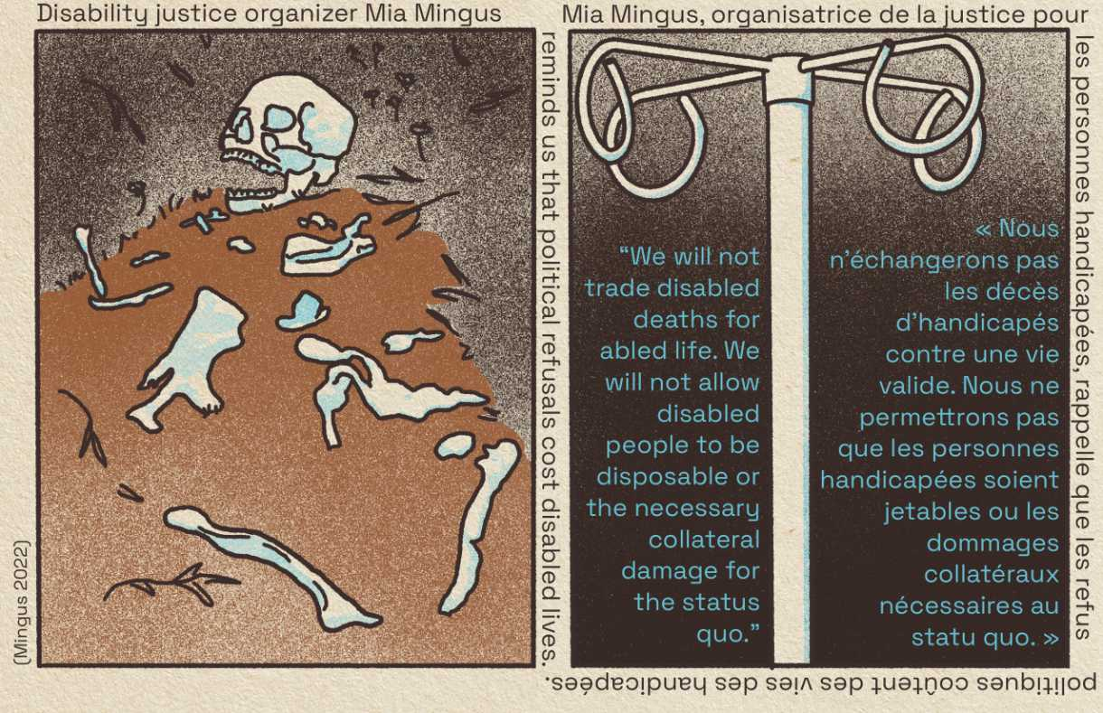 Two-panel artwork with the left panel being a pile of human bones, and the right panel being a medical device with the text "We will not trade disabled deaths for abled life. We will not allow disabled people to be disposable or the necessary collateral damage for the status quo." as well as the quote again in French. Along the borders of the panels are the words "Disability justice organizer Mia Mingus reminds us that political refusals cost disabled lives." with the quote also in French. The bottom left corner says "(Mingus 2022)"