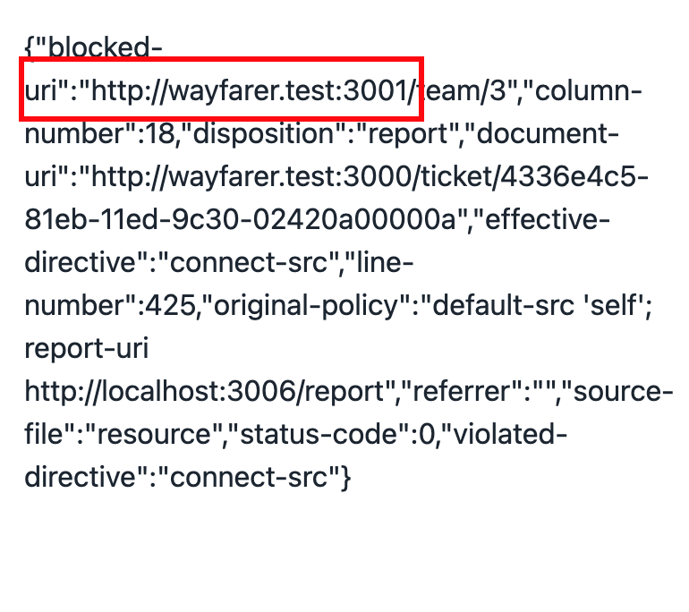 A content-security-policy violation JSON payload, with a highlighted section showing the blocked URI was wayfarer.test on port 3001.