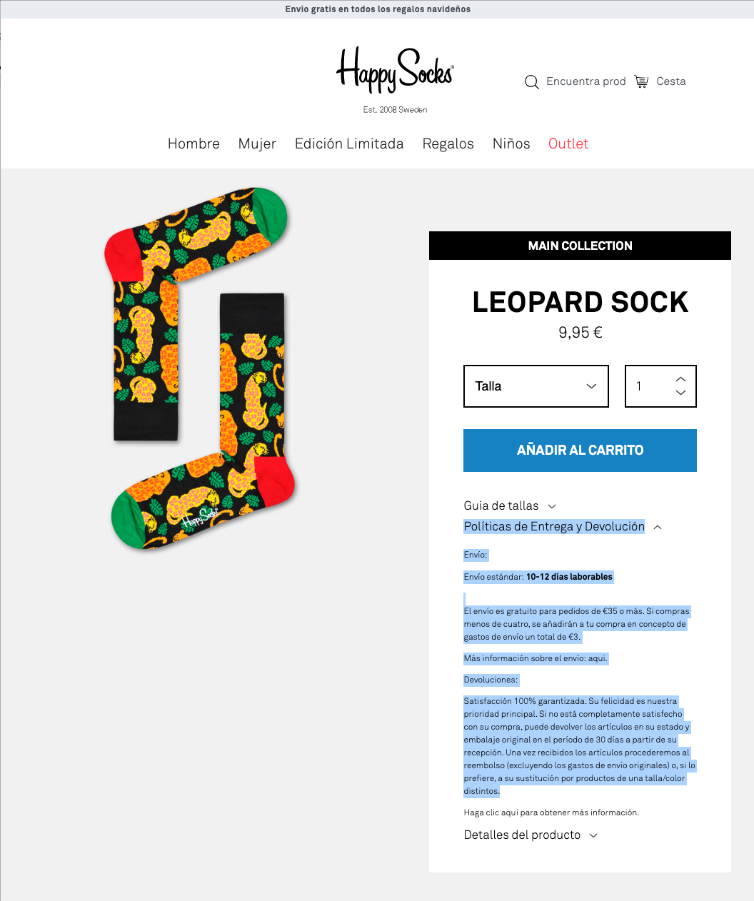 Optimizing HappySocks product page - Delivery and return