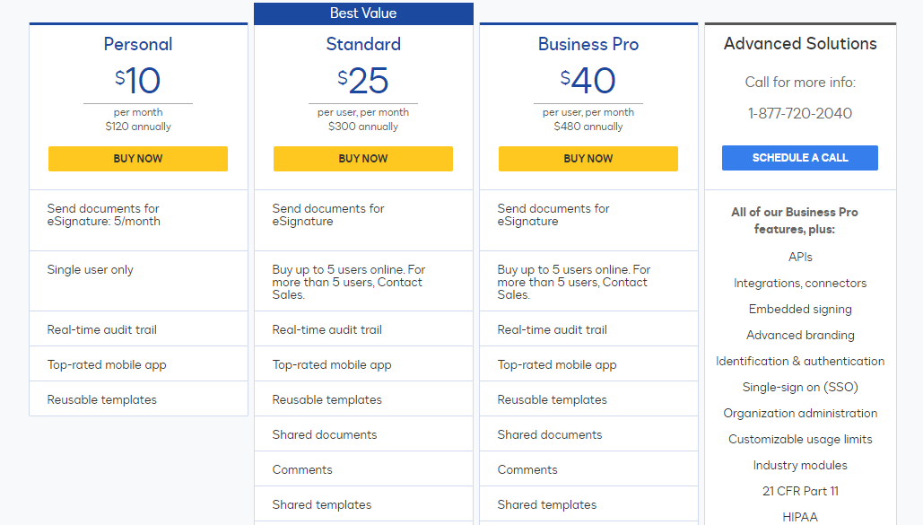 docusign tiered pricing with four pricing tiers