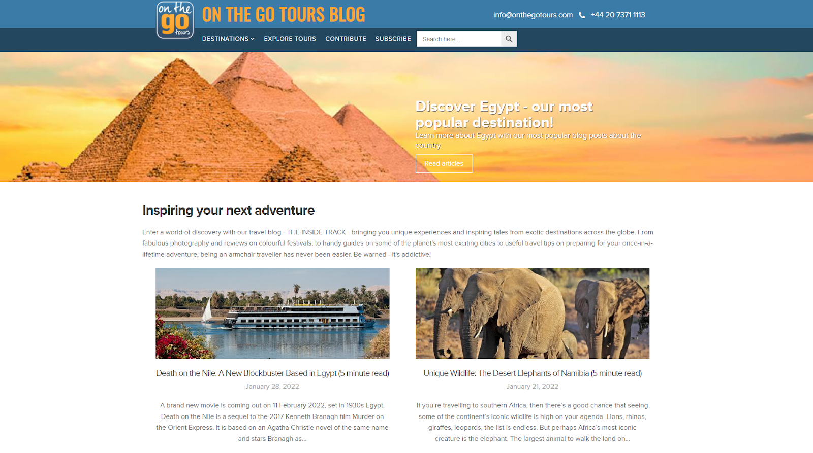 Screenshot of our client's blog, tour operator On The Go Tours