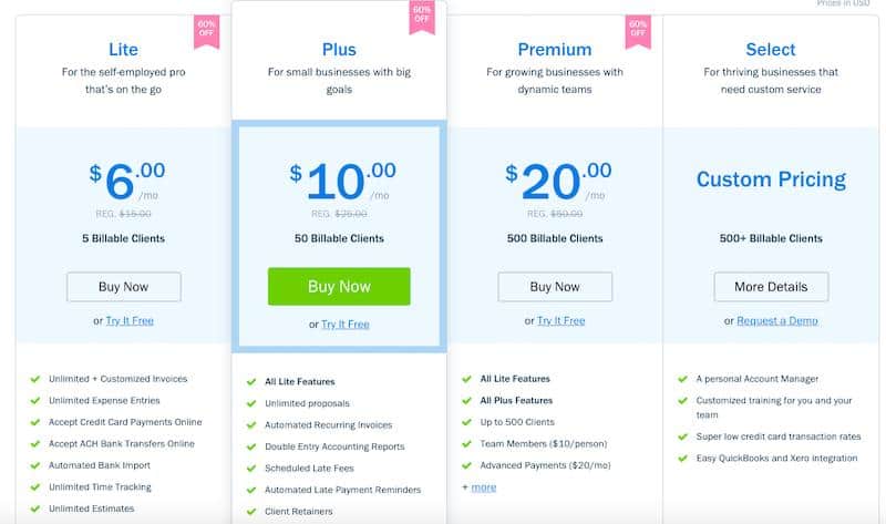 Precios de FreshBooks 