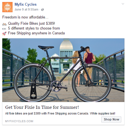 Myfix Cycles example of a Facebook ad.