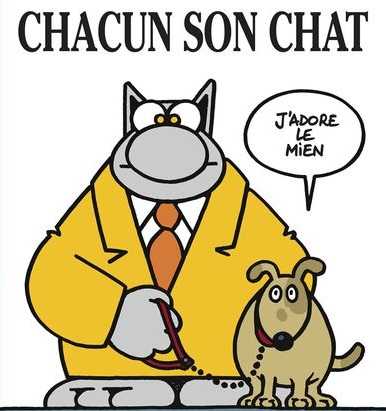 Le Chat par Philippe Geluck tenant un chien en laisse