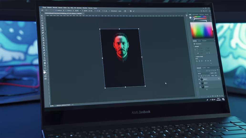 Editing a photo of Keanu Reeves in Adobe Photoshop
