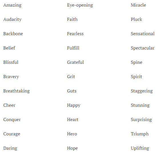 A screenshot detailing positive adjectives to use in headlines