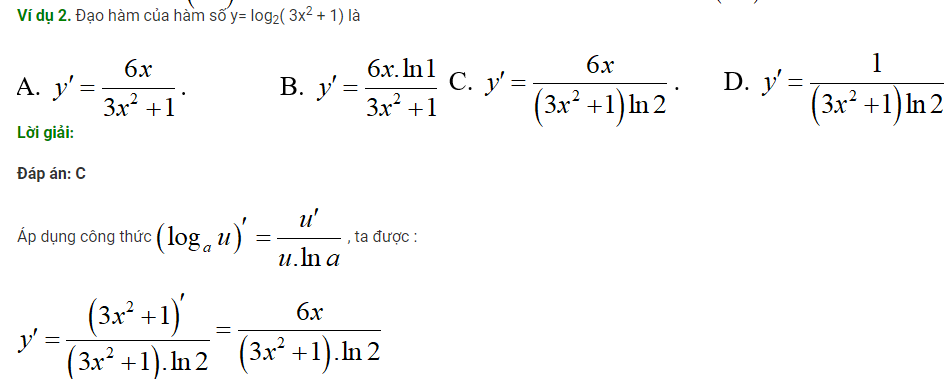 Ví dụ 1 tính đạo hàm của hàm số logarit