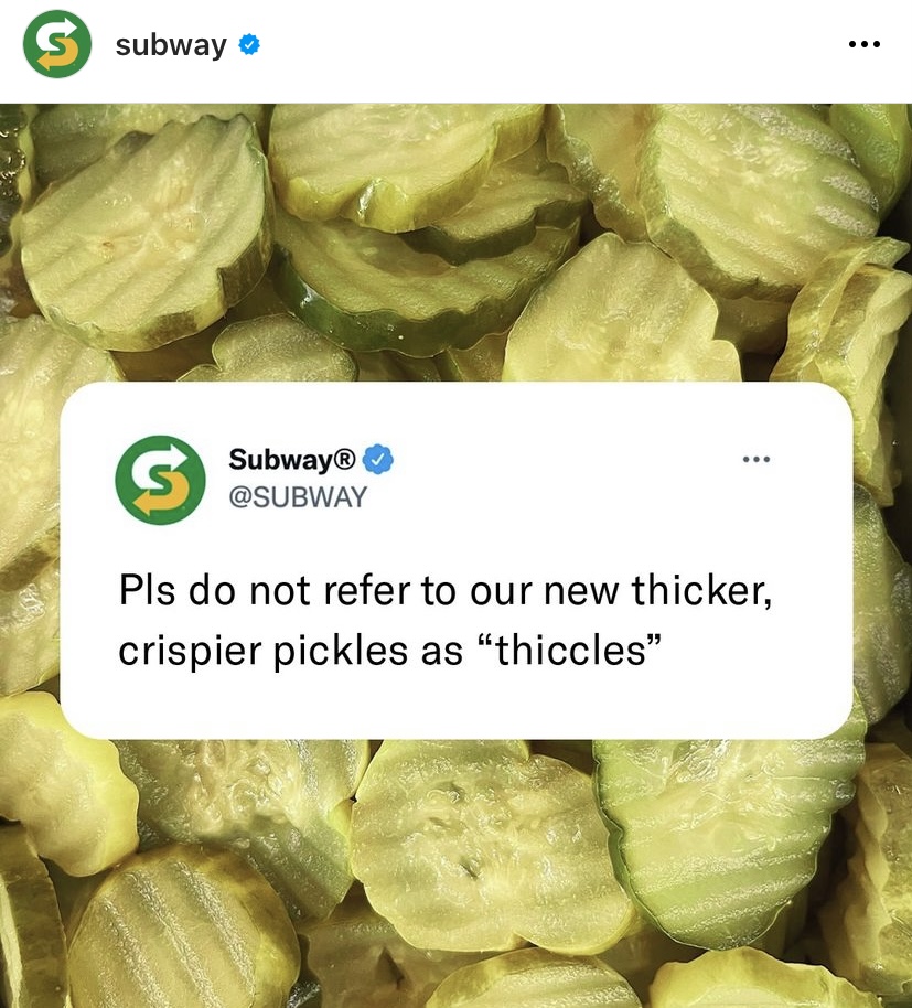 A tweet from Subway's Twitter page that has been repurposed to their Instagram.