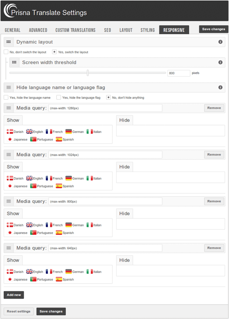 Configuración receptiva en el Traductor de sitios web de Google