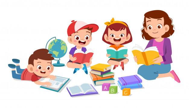 Vector Premium | Niños felices estudiando junto con su maestra
