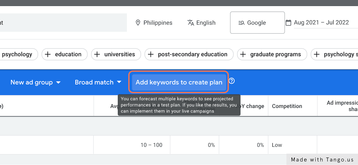 Click on Add keywords to create plan