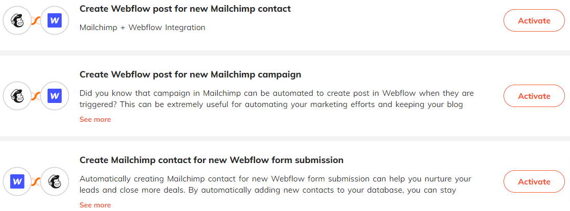 Popular automations for Webflow & Mailchimp integration.