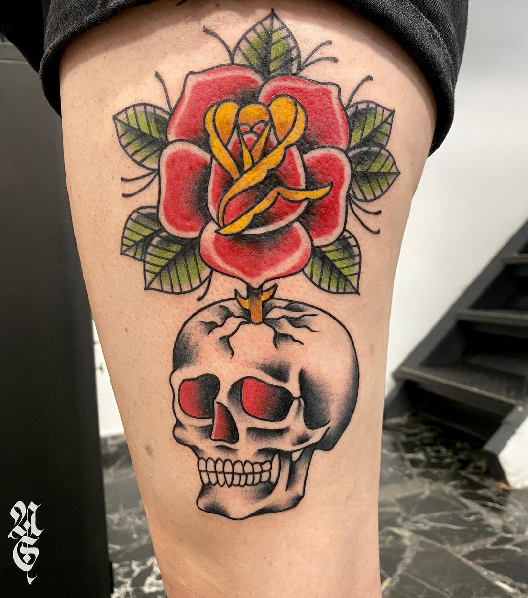  Black Skull And Red Rose Tattoo