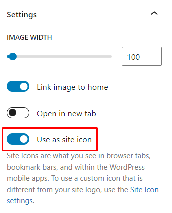 Réglages du bloc logo du site, avec l'option "utiliser comme icône du site" sélectionnée.