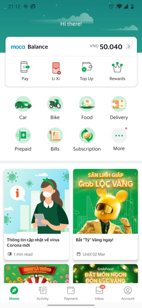 show the front page of grab on the mobile app
