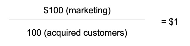 An image showing $100 marketing over 100 acquired customers equals $1