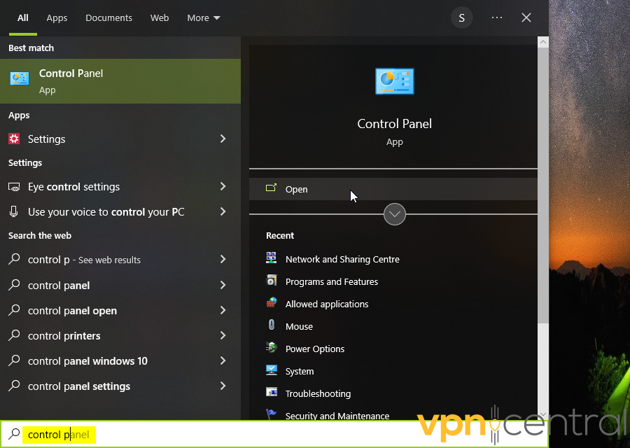 Control Panel in Windows search bar