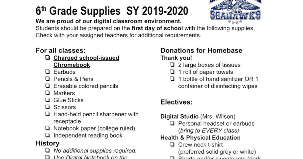 6th Grade Supply List SY1920 Google Docs