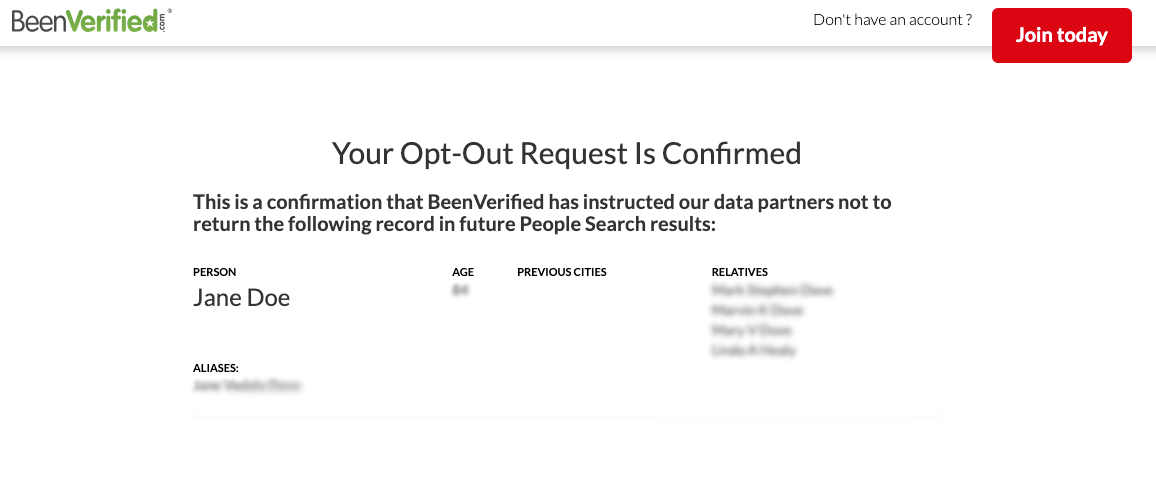 BeenVerified opt out request confirmation page