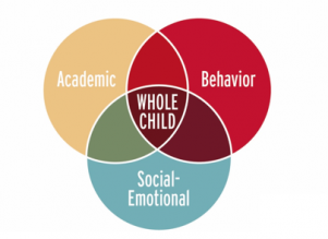 This VEN Diagram.  Academic is the upper left circle. Behavior is the upper right circle. Social-Emotional id the lower circle.  Whole Child is the phrase in the center that is part of all three circles.