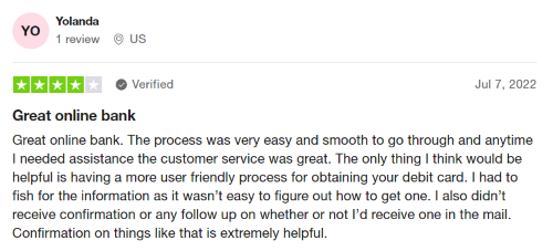 A four-star Quontic bank review from a user who had a great customer service experience. 