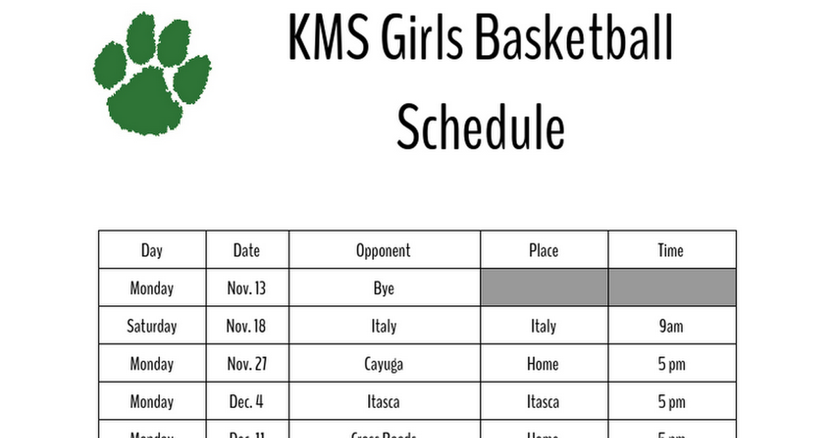 KMS Girls Basketball Schedule