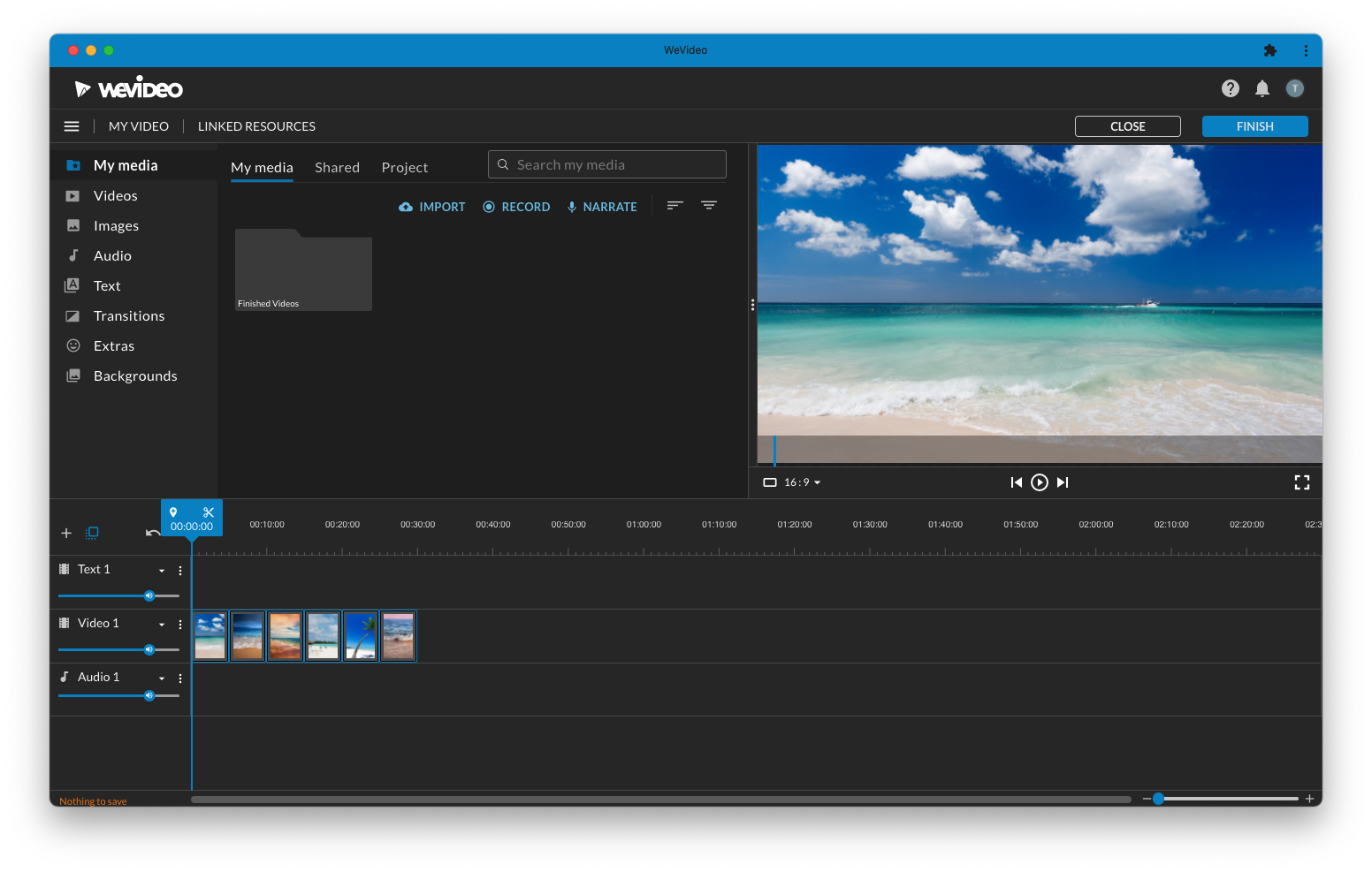Six photos of the beach highlighted in the WeVideo online editing timeline.
