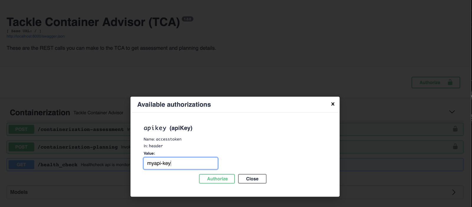 Screenshot of TCA authorizations