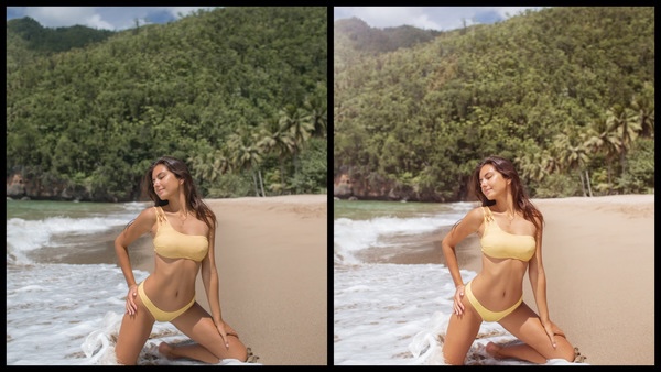 Montagem de duas fotos usando a mesma mulher posando na praia. Foto 1 sem edições e foto 2 usando o Filtro Glossy