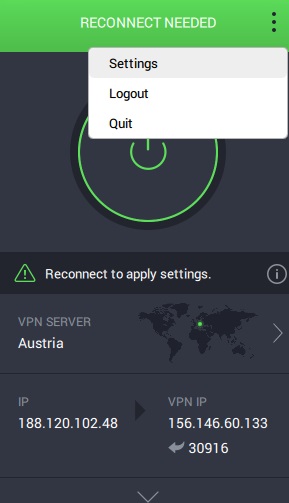 PIA Settings menu in the app