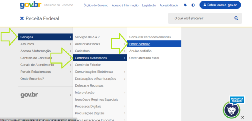 “Serviços, Certidões e atestados, Emitir Certidão”. O artigo é "Como consultar dívidas no CNPJ".