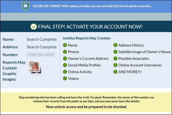 Intelius account activation page