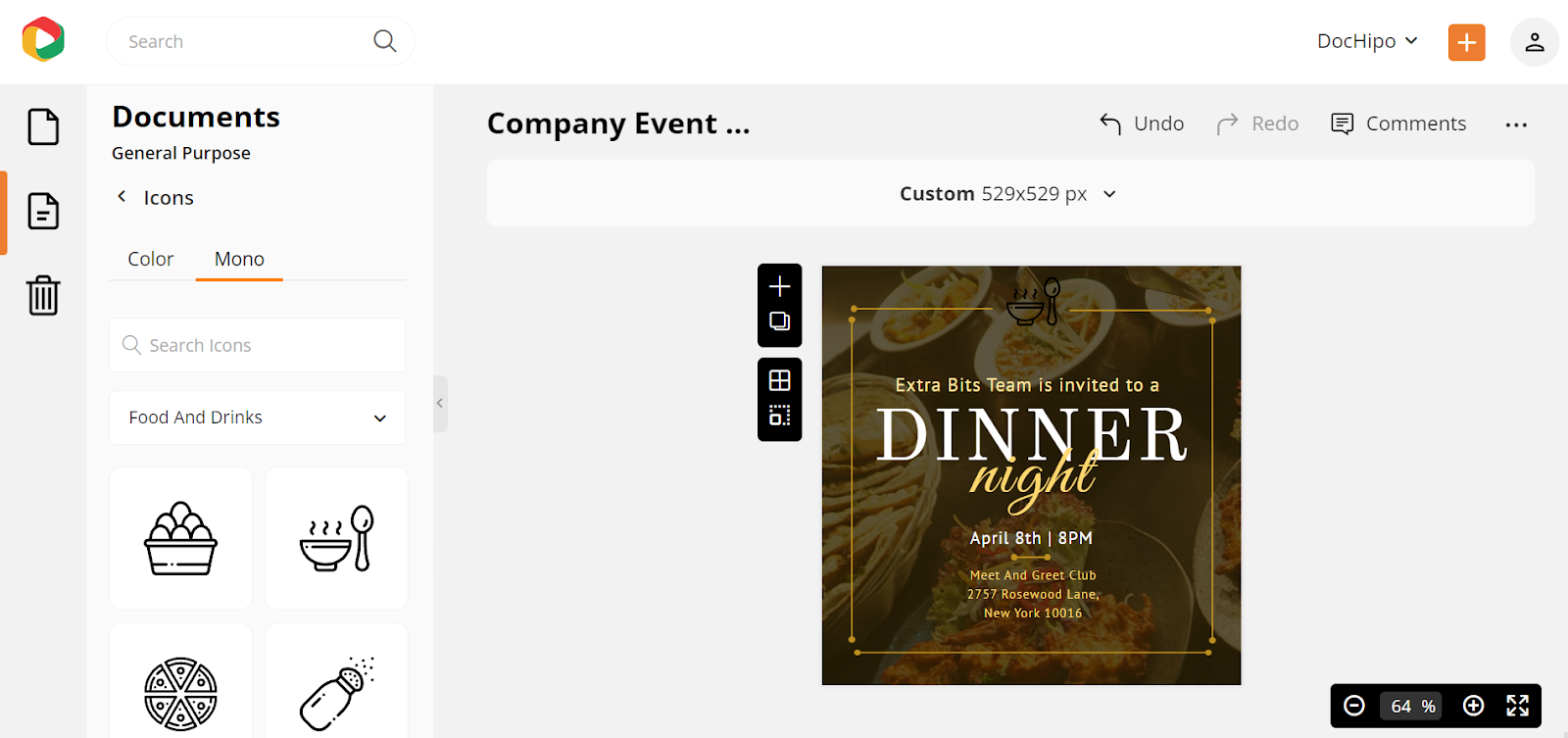 Company event invitation design after resizing and repositioning the icon