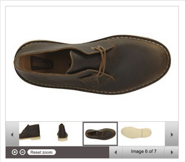 Captura de pantalla de la descripción de un producto online de la compañía de zapatos Clarks para mostrar la implementación de múltiples imágenes.