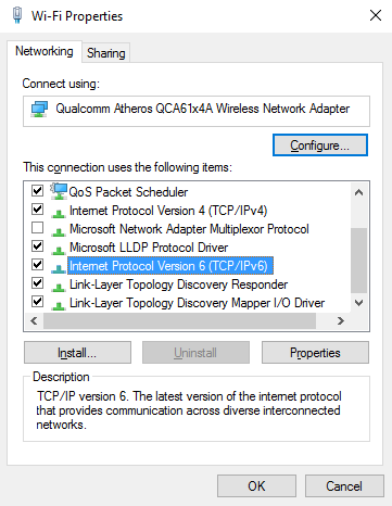 Uncheck Internet Protocol Version 6 (TCP/IPv6) to disable IPv6