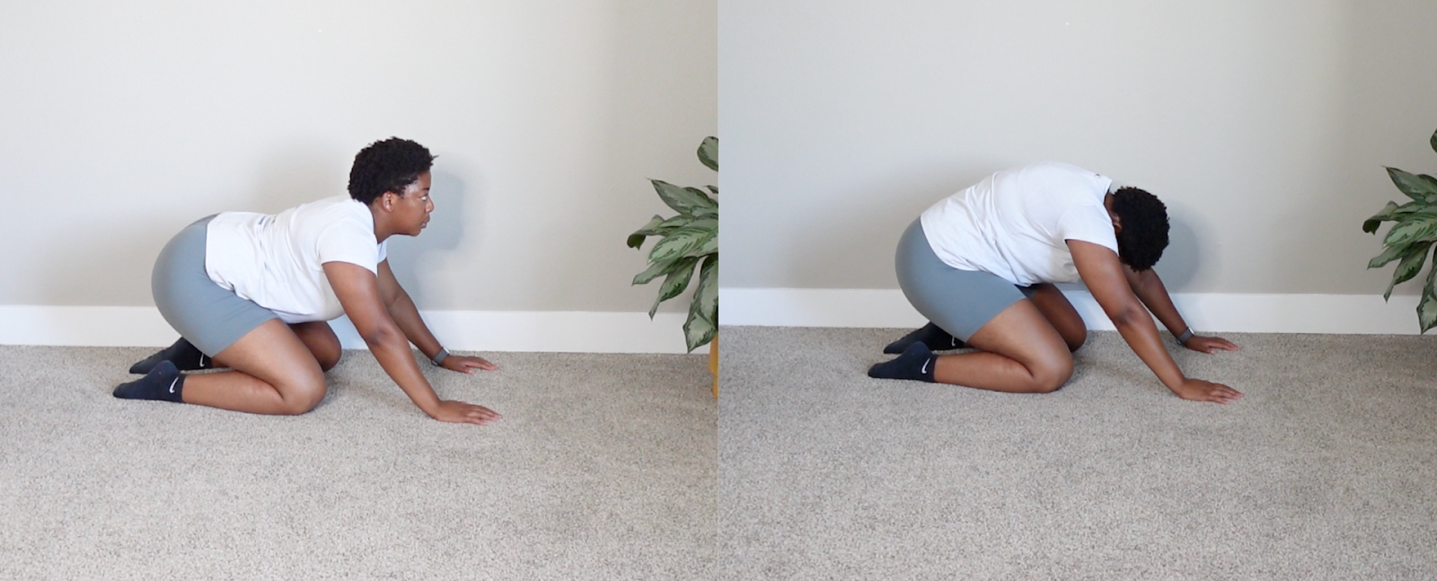 Person is on all fours performing a thoracic mobility exercise called the cat camel stretch. The person is sitting back onto their heels to better target the thoracic spine. From here person is shown demonstrating alternating arching back up towards the ceiling and sinking into their upper back