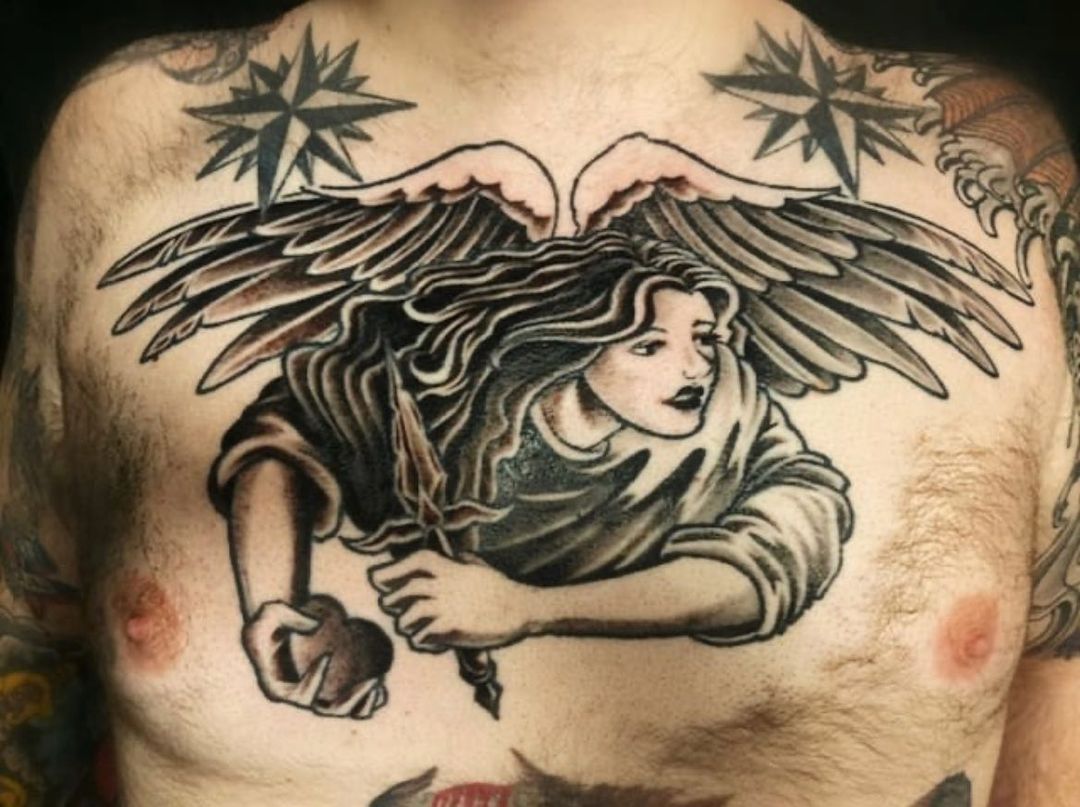 Grey And Black Angel Chest Tattoo For Men