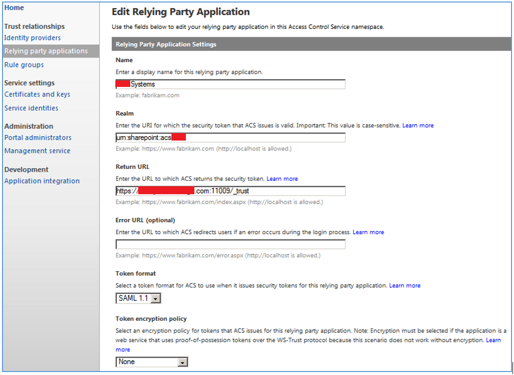 Edit Relying Party Application Settings.