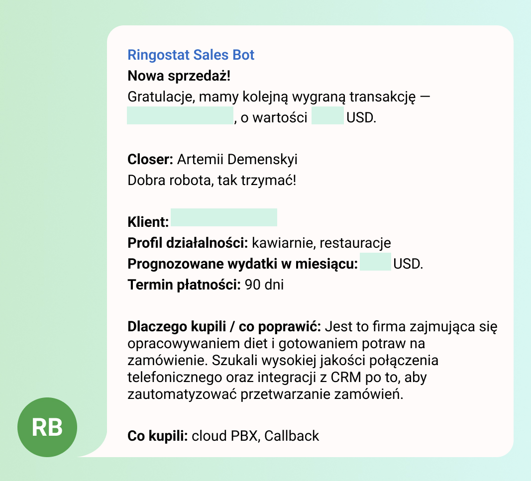 Ringostat, KPI, wiadomości od Ringostat Sales Bot, motywacja dla managerów
