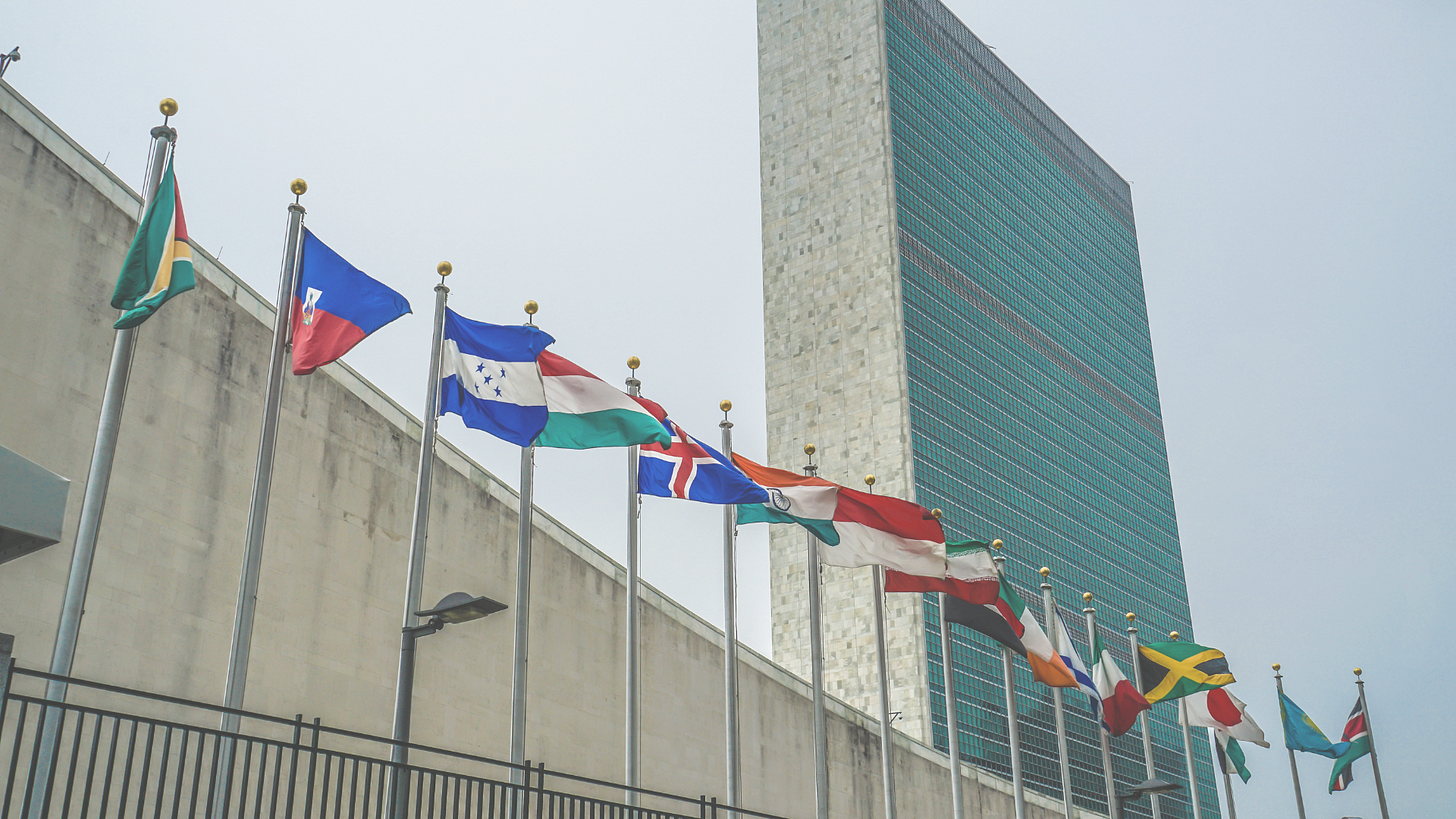 A row of country flags in front of the United Nations building