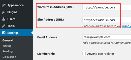 Alterando as opções de endereço do WordPress e endereço do site na área de administração