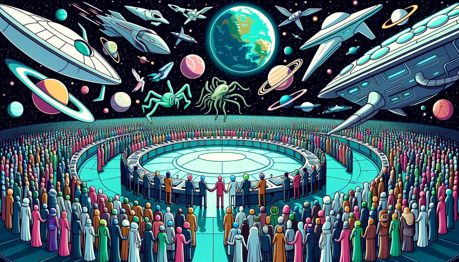 Prompt
Vector of a massive intergalactic council, with representatives of various alien civilizations, humans among them, shaking hands (or other appendages) in unity.