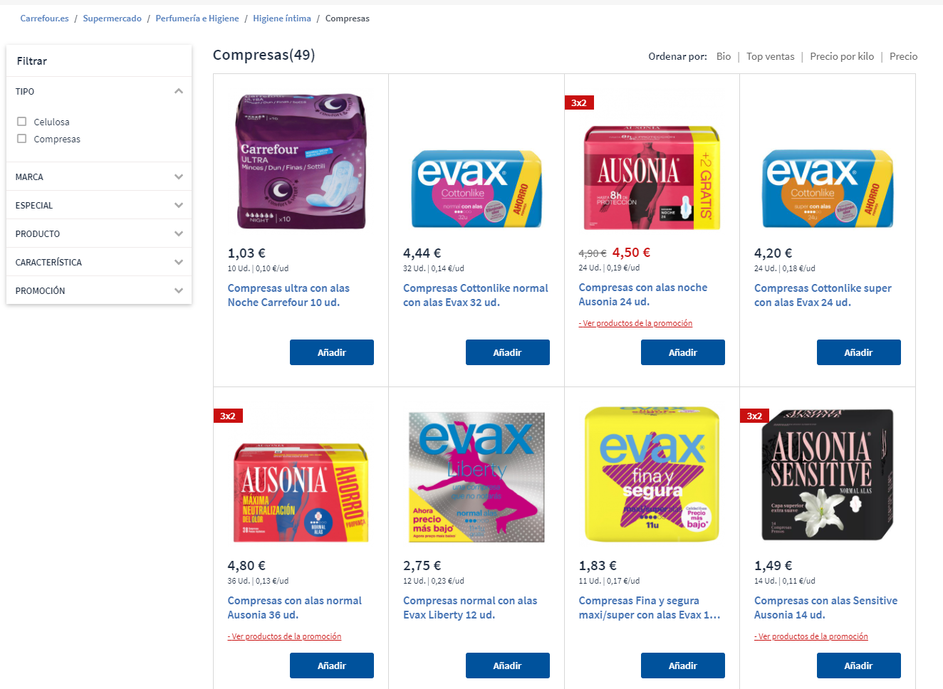 Precios de compresas desechables en la web de Carrefour