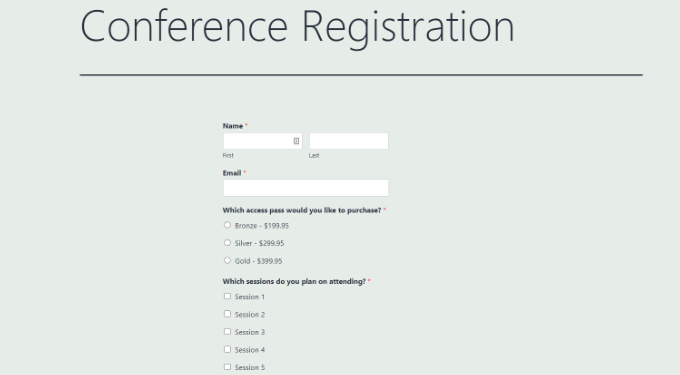 Pré-visualização do formulário de inscrição na conferência