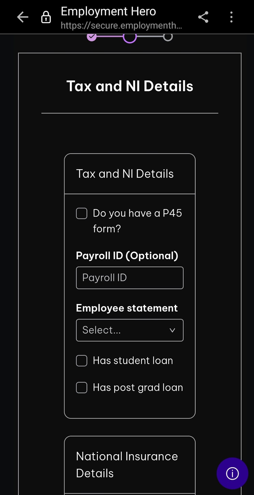 The tax and national insurance section of tje onboarding form sent to an employee. 